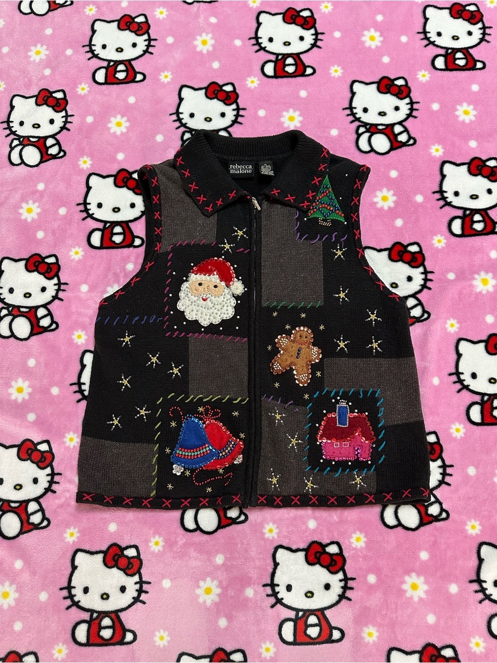 Rebecca Malone Black & Gray Holiday Patchwork Vest with Embroidered Motifs